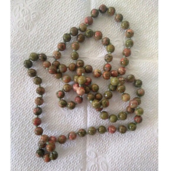 Unikite Stone Necklace Green Pink Polished Beads Slip-On - Picture 1 of 6
